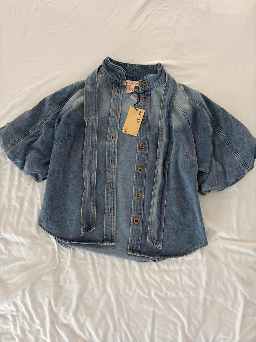 NWT Bailey44 Tie-Neck Puff Sleeve Denim Button-Down Shirt. Zimmerman Inspired. - Picture 7 of 13